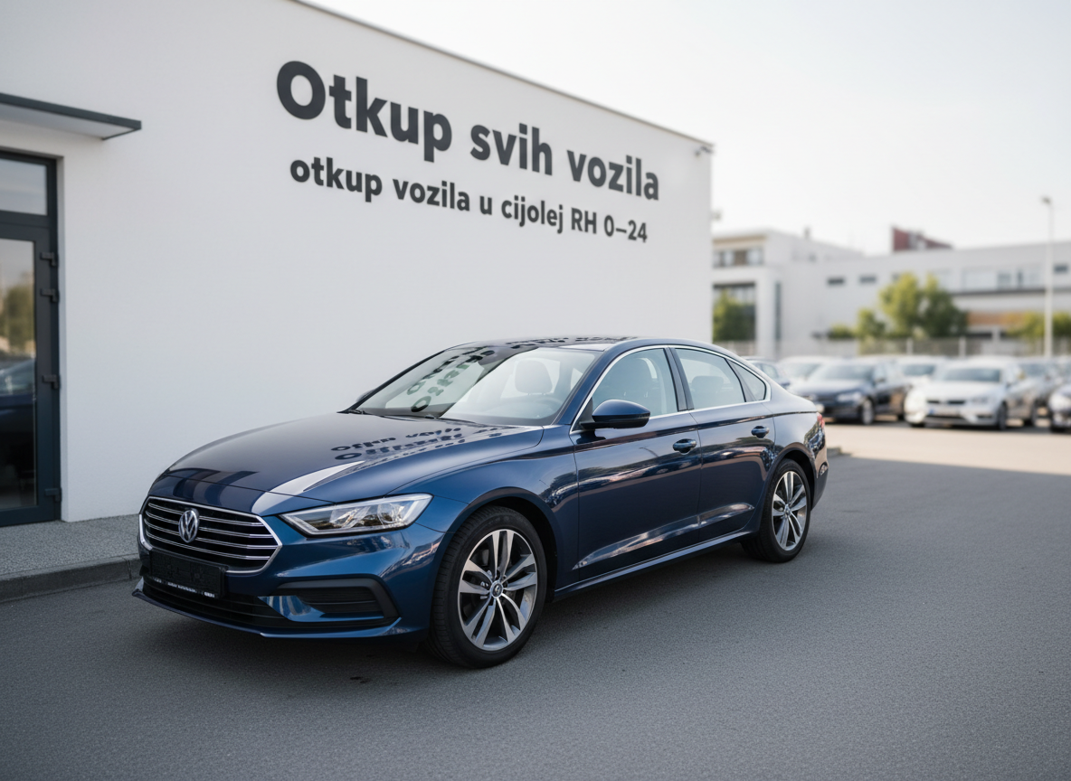A gleaming dark-blue modern sedan in pristine condition parked at a slight angle on clean asphalt in front of a minimal, white building with a large sign that reads “Otkup svih vozila” and “otkup vozila u cijeloj RH 0–24”. The car’s metallic paint reflects the soft afternoon sky and surrounding urban environment. Diffused daylight creates gentle highlights on the bodywork and subtle shadows beneath the vehicle. In the blurred background, various car silhouettes hint at a busy, professional car-buying location. Shot at eye level with photographic realism, the composition uses the rule of thirds, with sharp focus on the main car and a mild bokeh effect behind, conveying reliability, speed, and professionalism.